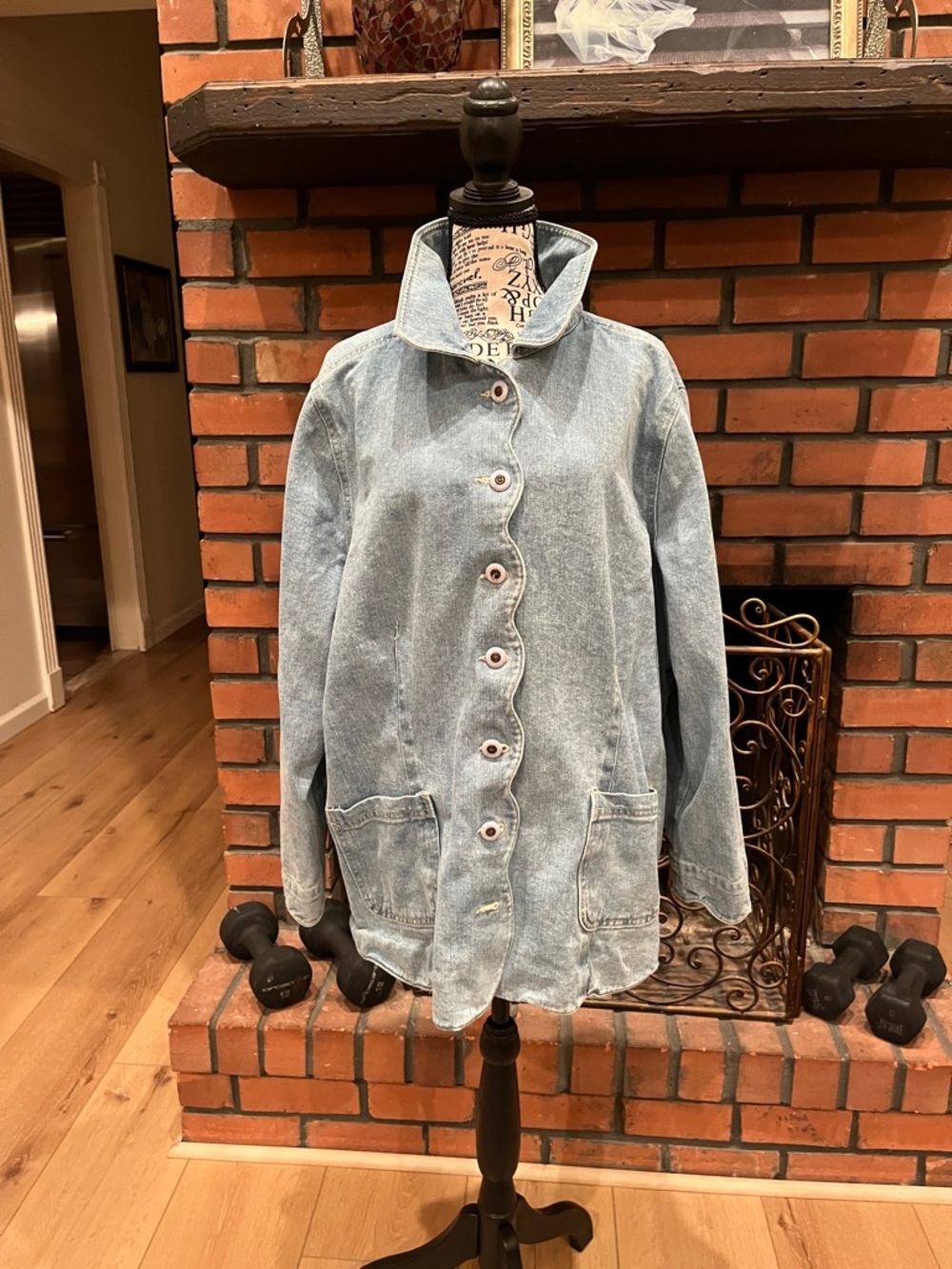 Washed Light Blue Denim Jacket with Button Front with scalloped bottom & sleeves